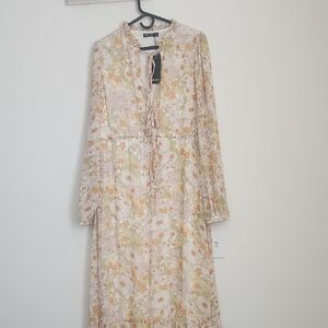 Nasty Gal Sage Floral Tie Front Long Sleeve Maxi Dress